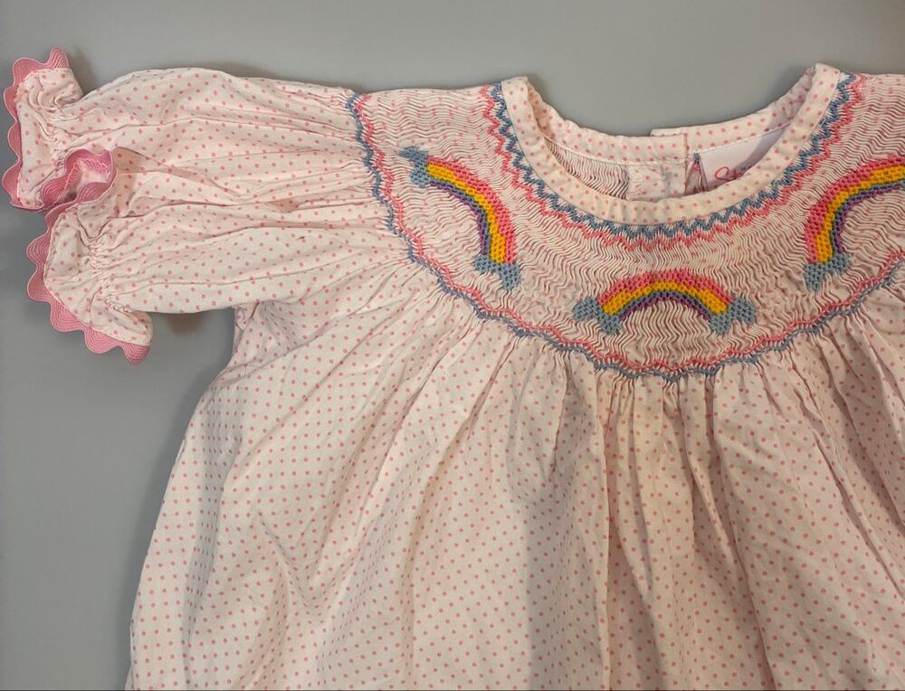 Stitchy Fish Rainbow Smocked Bishop Dress 2T Pink Polka Dot Toddler Girl